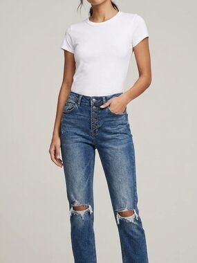 Vigold High-Rise Button-Fly Distressed With Frayed Hem  Medium Blue Jeans. WP 41